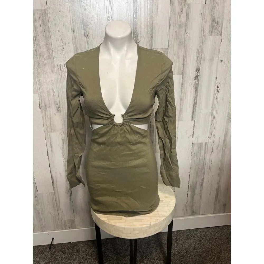 ZARA Olive Green Cut-Out Long Sleeve Mini Dress Women’s Size S